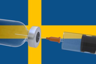 3D Illustration aşı şişesi. Yanında İsveç bayrağı taşıyan bir şırınga. Covid19 covid-19 coronavirus..