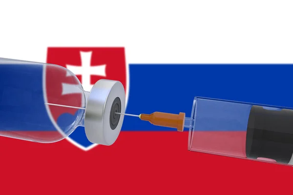 带有斯洛伐克国旗的注射器的3D说明性疫苗容器瓶19 Covid Coronavirus — 图库照片