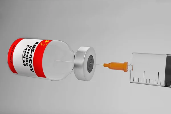 3D Illustration with a syringe and a container bottle with China vaccine Ad5-nCoV in the treatment of coronavirus disease 2019 COVID-19.