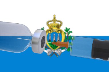 San Marino bayrağı taşıyan bir şırınga eşliğinde 3D Illustration aşı kutusu şişesi kovid19 covid-19 coronavirus.