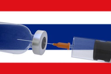 3D Illustration aşı kutusu şişesi yanında Tayland bayrağı taşıyan bir şırınga covid19 covid-19 coronavirus.