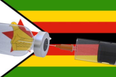 3D Illustration aşı şişesi yanında Zimbabwe bayrağı taşıyan bir şırınga covid19 covid-19 coronavirus..