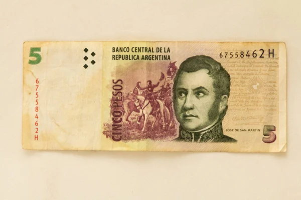 Banknot Bankowy Lub Rachunek Walutowy Pięciu Pesos Argentyńskich — Zdjęcie stockowe