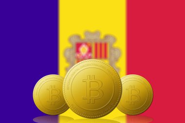 Arka planda ANDORRA bayrağı bulunan üç Bitcoin kripto para birimi.