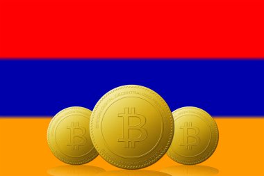 Arkaplanda Ermenistan bayrağı bulunan üç Bitcoin kripto para birimi.