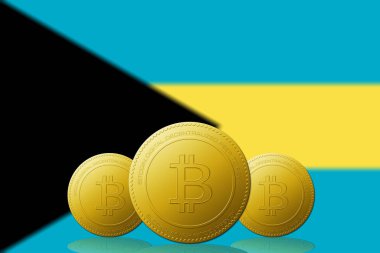 Arka planda Bahama bayrağı olan üç Bitcoin kripto para birimi.