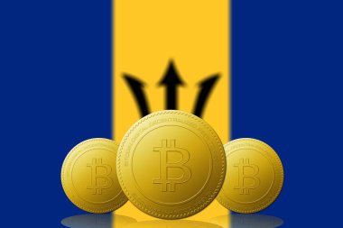 Arka planda Barbados bayrağı olan üç Bitcoins kripto para birimi.