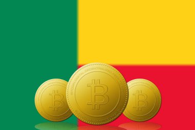 Arka planda Benin bayrağı olan üç Bitcoins kripto para birimi.