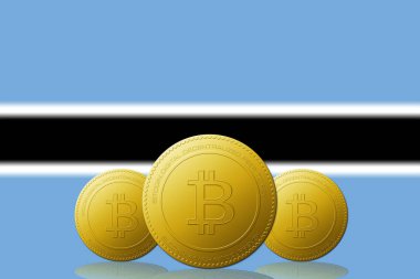 Arka planda Botswana bayrağı olan üç Bitcoin kripto para birimi.
