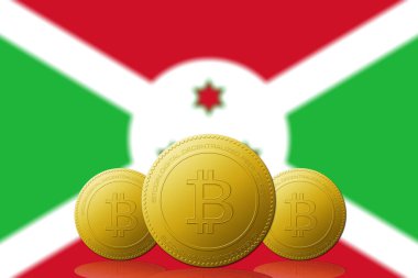 Arka planda Burkina Faso bayrağı bulunan üç Bitcoin kripto para birimi.