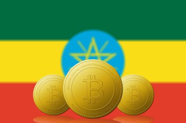 Arka planda Etiyopya bayrağı bulunan üç Bitcoin kripto para birimi.