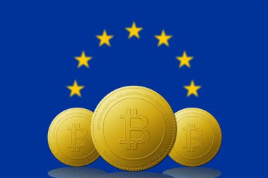 Arka planda IVORY Kıyı Bayrağı bulunan üç Bitcoin kripto para birimi.
