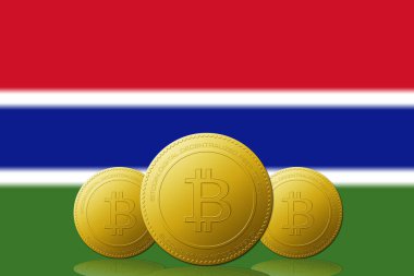 Arka planda Gambiya bayrağı olan üç Bitcoin kripto para birimi.