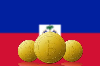 Arka planda Haiti bayrağı olan üç Bitcoin kripto para birimi.
