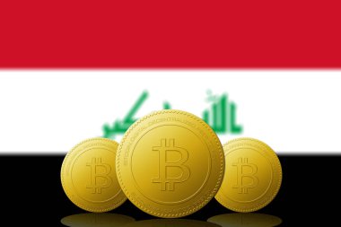 Arkasında Irak bayrağı olan üç Bitcoin kripto para birimi.