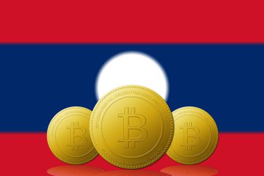 Arkaplanda Laos bayrağı bulunan üç Bitcoin kripto para birimi.