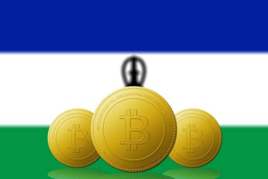 Arka planda Lesotho bayrağı olan üç Bitcoins kripto para birimi.