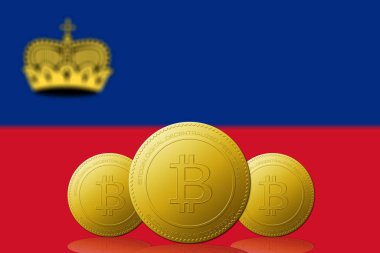 Arka planda Lihtenştayn bayrağı olan üç Bitcoin kripto para birimi.