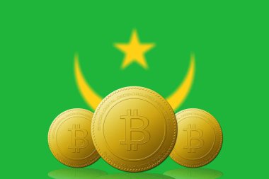 Arka planda Moritanya bayrağı bulunan üç Bitcoin kripto para birimi.