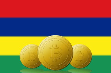 Arka planda Mauritius bayrağı olan üç Bitcoins kripto para birimi.