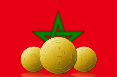 Arka planda Fas bayrağı bulunan üç Bitcoin kripto para birimi.