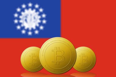 Arka planda Myanmar bayrağı olan üç Bitcoin kripto para birimi.