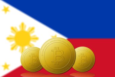 Arka planda Filipinler bayrağı olan üç Bitcoin kripto para birimi.