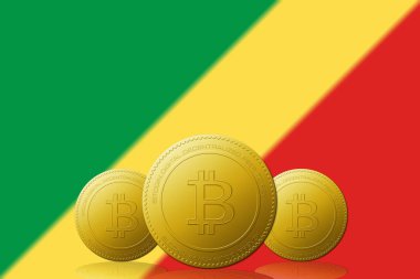 Arkaplanda Kongo Cumhuriyeti bayrağı bulunan üç Bitcoin kripto para birimi.