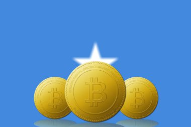Arka planda Somali bayrağı olan üç Bitcoin kripto para birimi.