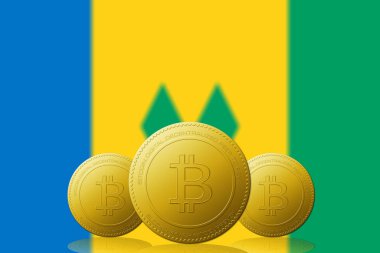 Arka planda Saint Vincent ve Grenadines bayrağı bulunan üç Bitcoin kripto para birimi.