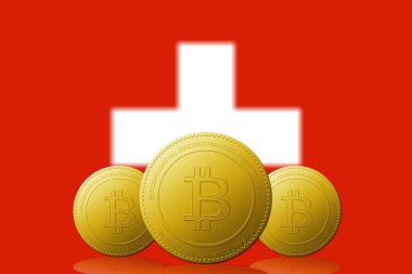 Arka planda İsviçre bayrağı bulunan üç Bitcoin kripto para birimi.
