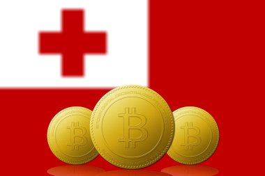 Arka planda Tonga bayrağı olan üç Bitcoin kripto para birimi.