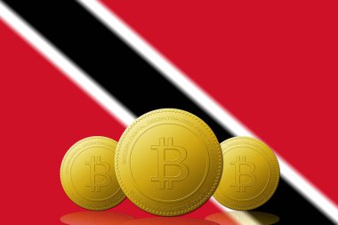 Arka planda Trinidad ve Tobago bayrağı olan üç Bitcoin kripto para birimi.