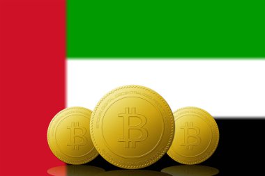 Arka planda Birleşik Arap Emirlikleri bayrağı bulunan üç Bitcoin kripto para birimi.