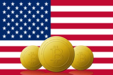 Arka planda IVORY Kıyı Bayrağı bulunan üç Bitcoin kripto para birimi.