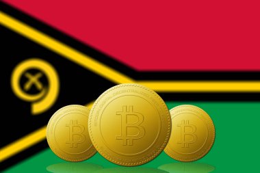 Arkaplanda Vanuatu bayrağı bulunan üç Bitcoin kripto para birimi.