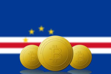 Arka planda Cape Verde bayrağı olan üç Bitcoin kripto para birimi.