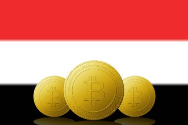 Arka planda Yemen bayrağı olan üç Bitcoin kripto para birimi.