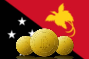 Arka planda Papua Yeni Gine bayrağı bulunan üç Bitcoin kripto para birimi.