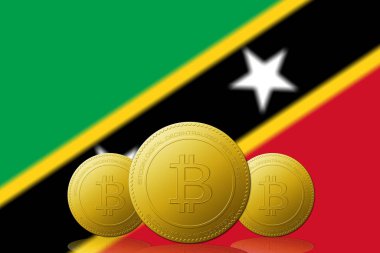 Arka planda Saint Kitts ve Nevis bayrağı olan üç Bitcoin kripto para birimi.