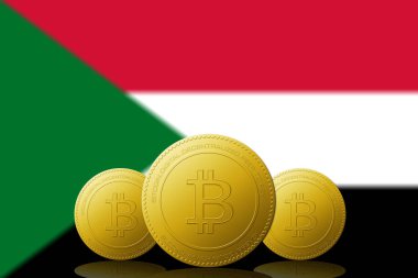 Arka planda Sudan bayrağı olan üç Bitcoin kripto para birimi.
