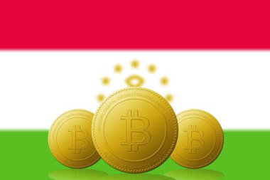 Arka planda Tacikistan bayrağı olan üç Bitcoin kripto para birimi.