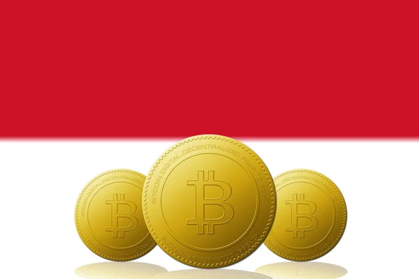 Trzy Kryptowaluta Bitcoiny Flagą Indonezji Tle — Zdjęcie stockowe