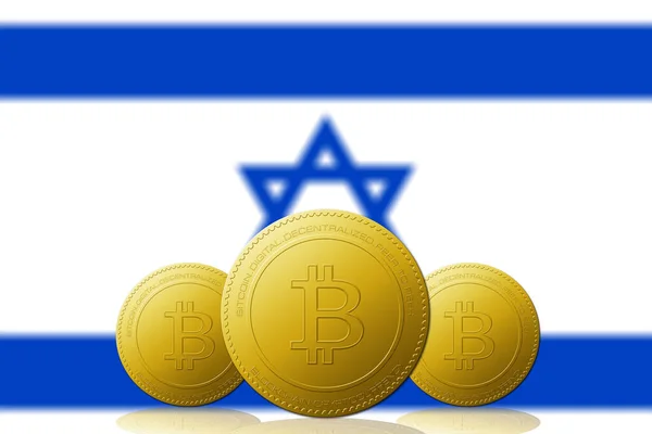 Três Bitcoins Criptomoeda Com Bandeira Israel Segundo Plano — Fotografia de Stock