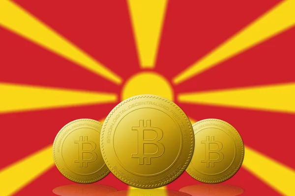 三个带有马其顿国旗的比特币加密货币 — 图库照片