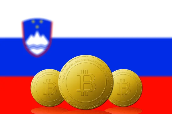 背景中带有斯洛文尼亚国旗的三个比特币加密货币 — 图库照片