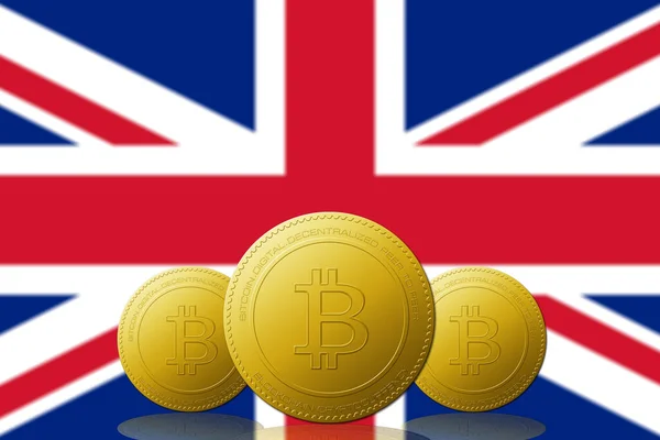 Arka planda UNITED KINGDOM bayrağı bulunan üç Bitcoin kripto para birimi.