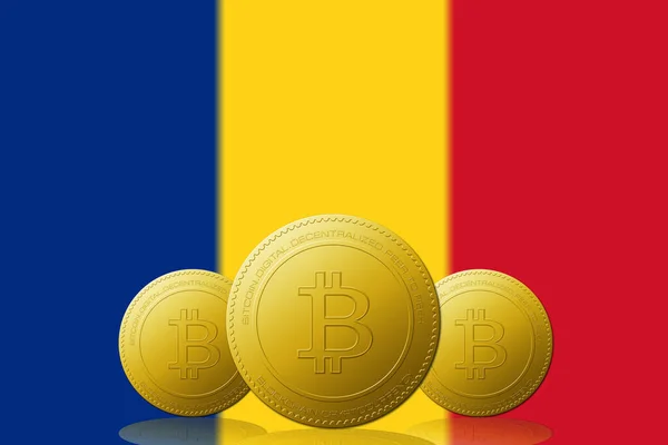 三个带有罗马尼亚国旗的比特币加密货币 — 图库照片