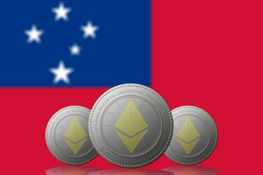 3 Boyutlu İLETİM Arka planda Samoa bayrağı bulunan ETHEREUM şifreleme para birimi.