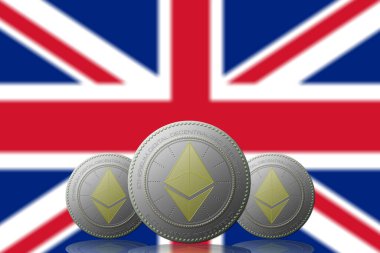 3D BÖLÜM 3 ETHEREUM kripto para birimi ve arka planda KINGDOM bayrağı.